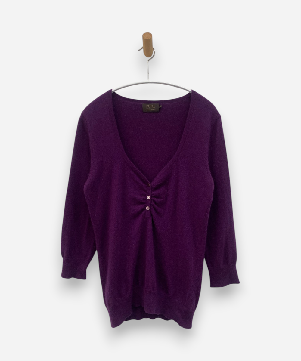 Purple Cashmere V Neck Button Accent Jumper