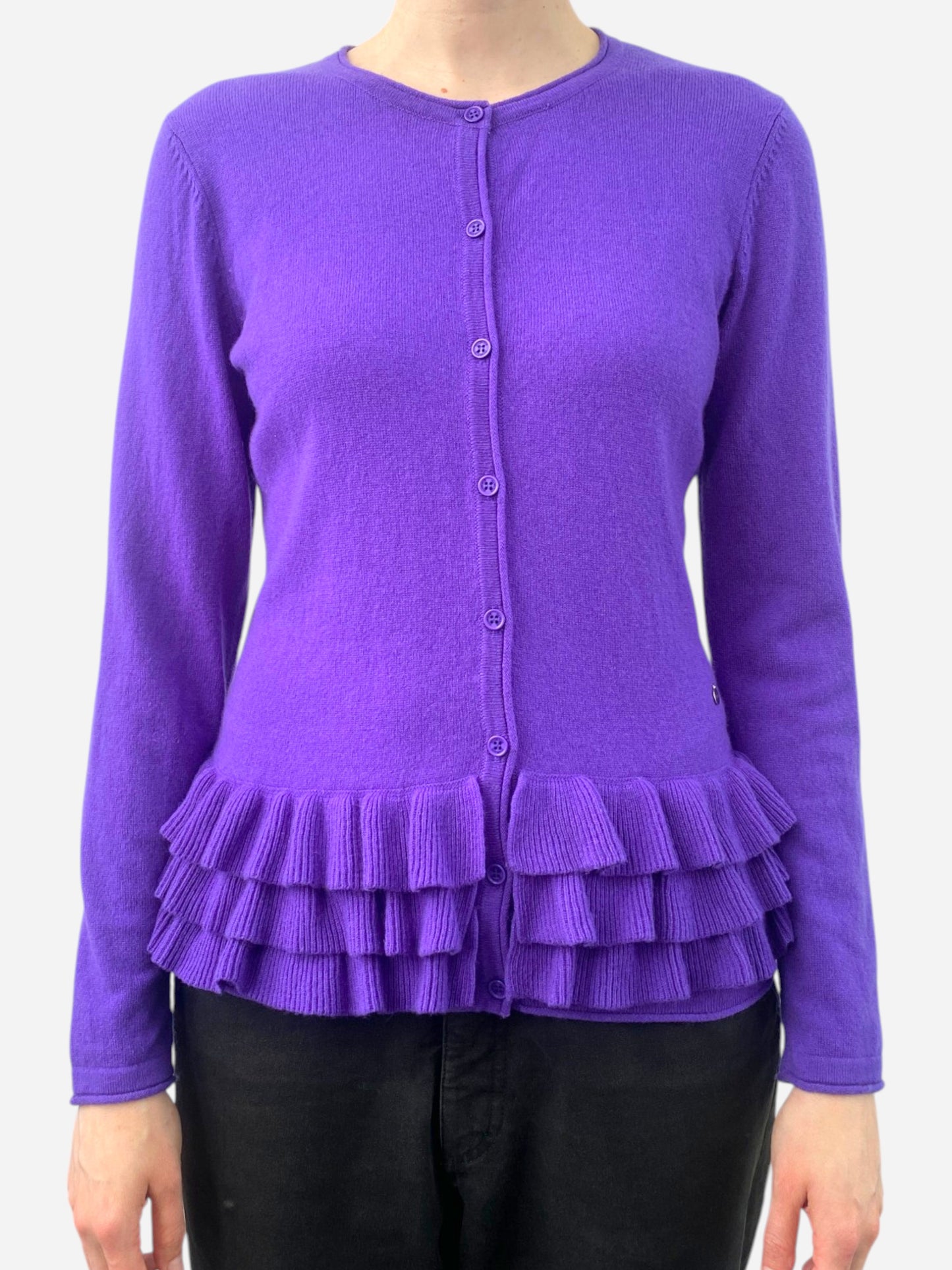 Purple Cashmere Cardigan with Frilled Detail by Madeleine