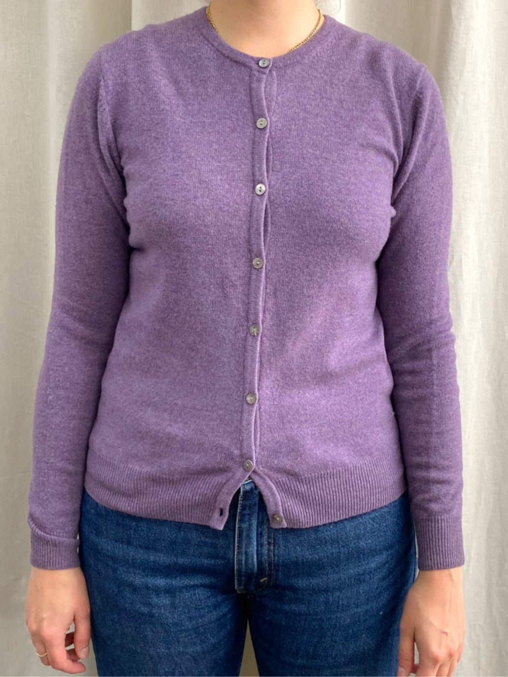 Purple Cashmere Crew Neck Cardigan by Lochmere