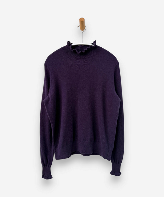 Purple Cashmere Mock Neck Frilled Mock Neck and Sleeve Jumper