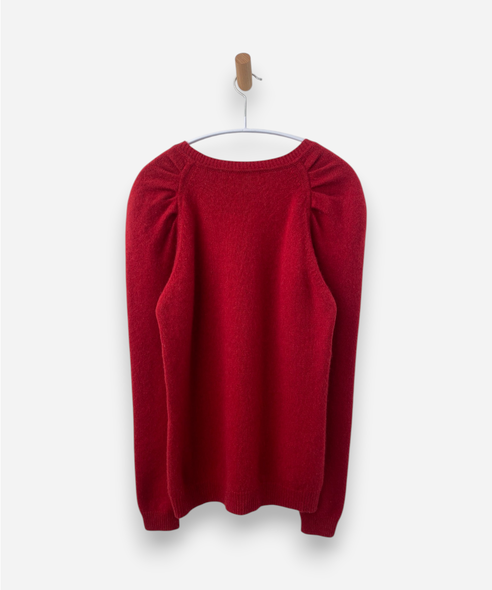 Red Cashmere Round Neck Puffed Shoulder, Medium Knit Jumper 