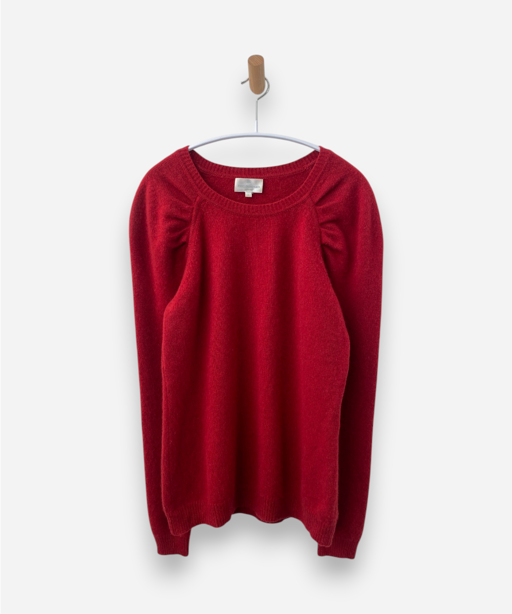 Red Cashmere Round Neck Puffed Shoulder, Medium Knit Jumper 