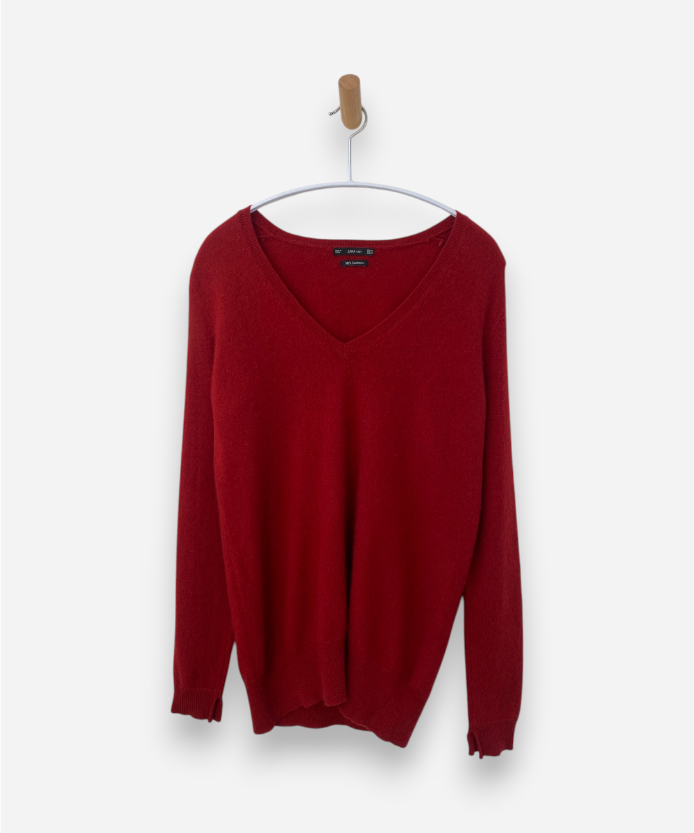 Red Cashmere V Neck Jumper